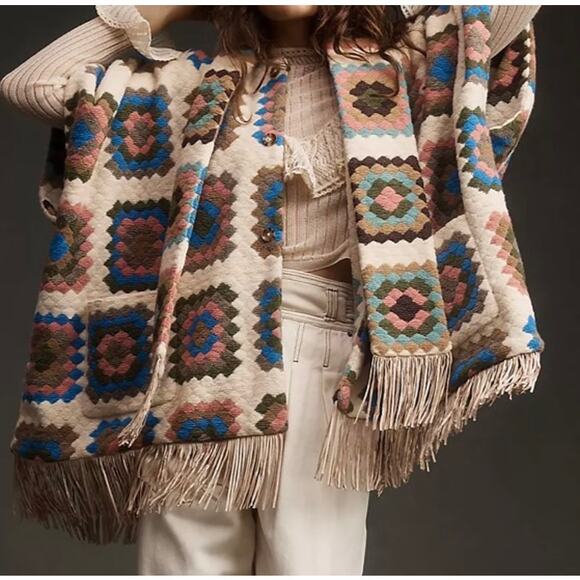 Hutch Rai Reversible Crochet Poncho Boho Granny Square Fringe Oversized M/L - Picture 2 of 14